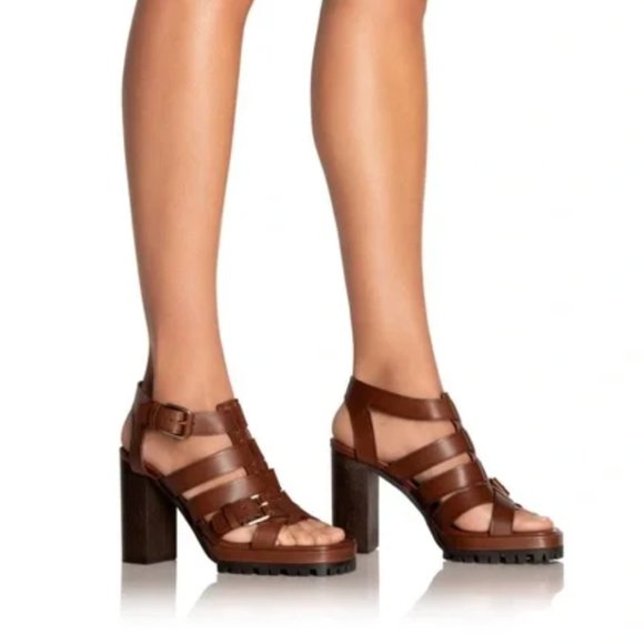 Tamara Mellon Nomad 95 Brown Calf Leather Strappy Block Heeled Sandals 40 NEW
